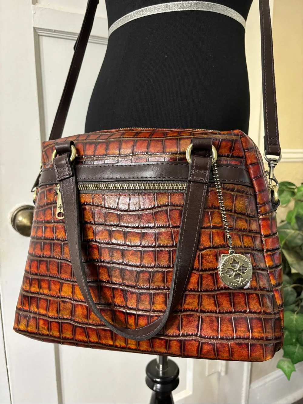 Patricia Nash Brown Rosora Croc-Embossed Leather Satchel Autumn Bag - Picture 1 of 16